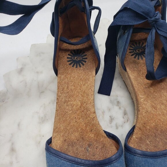 UGG Australia Amell Open Toe Canvas Lace Up Espadrille Wedge 1014955 Blue Sz 8.5 - Picture 7 of 14